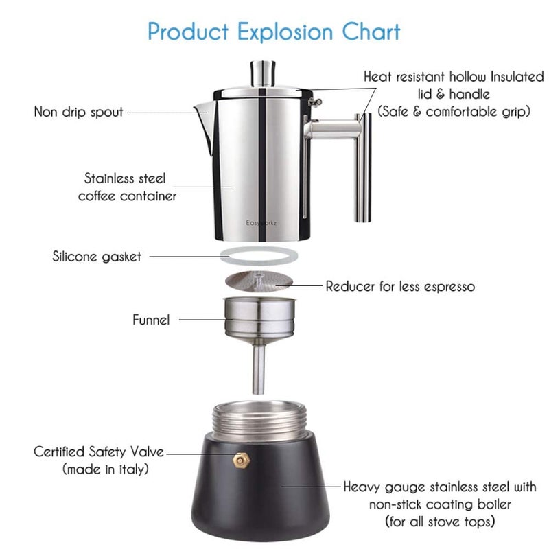 Easyworkz Diego Stovetop Espresso Maker Stainless Steel Italian Coffee Machine Maker 6Cup 10 oz Moka Pot Induction Espresso Pot - Image 2